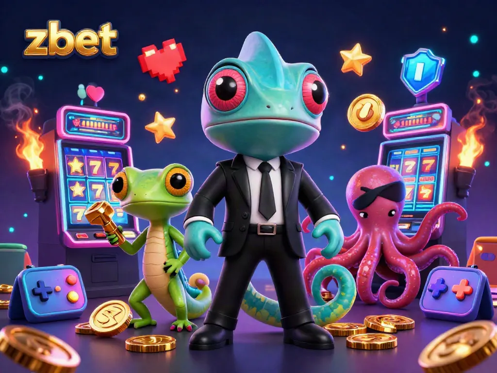 Engage in thrilling casino action with zbet's vibrant 3D illustration showcasing colorful slot machines and iconic characters.