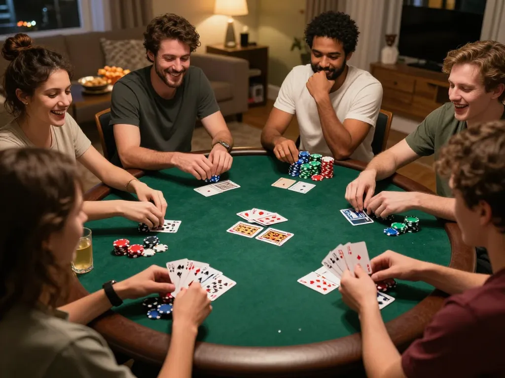 Friends enjoying a competitive game night with poker at home, capturing the excitement at TR88.