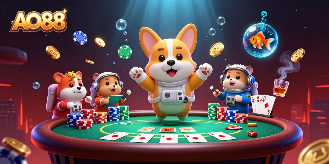 Experience excitement at AO88's space casino with poker chips and corgi in zero gravity!