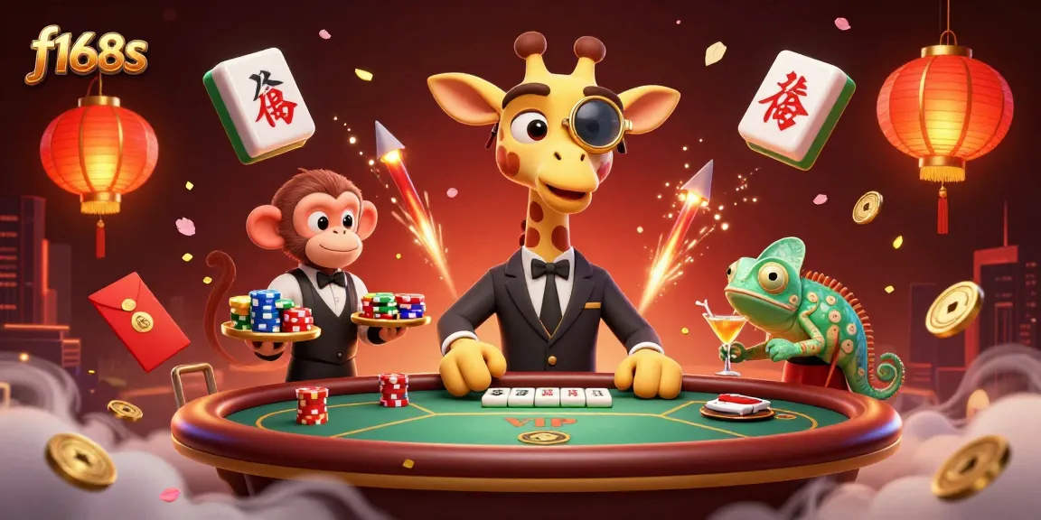 Engage with f168s in a vibrant 3D casino scene featuring a high-roller giraffe and dynamic game elements.