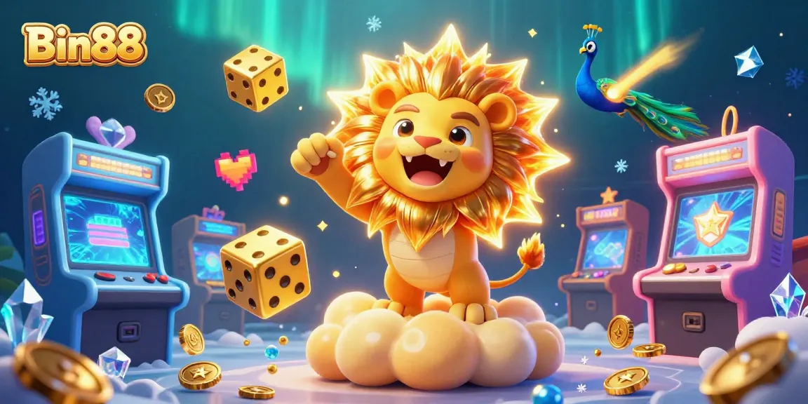 Engage with Bin88: A vibrant scene showcasing a cartoon lion with golden dice and peacock elements in a casino-themed game world.