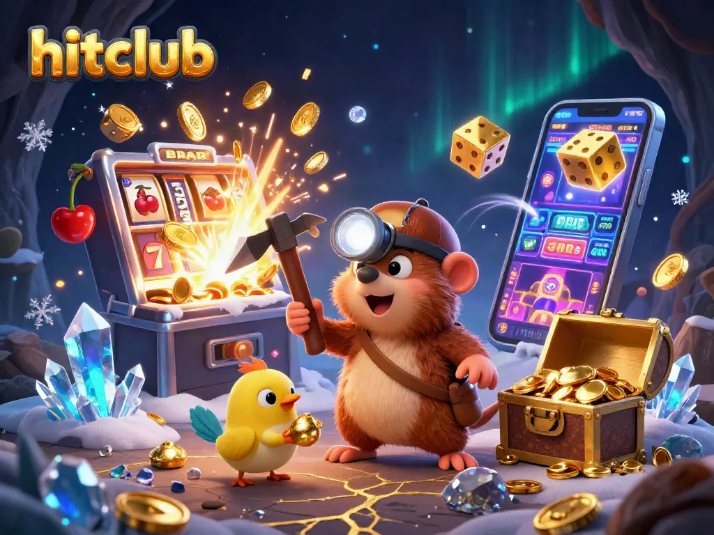 Experience the excitement of hitclub with a treasure hunter mole amidst vibrant casino elements.