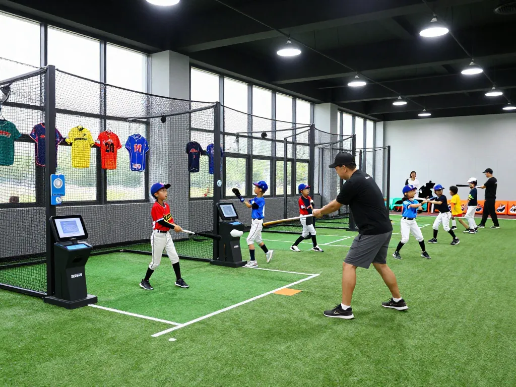 Hitclub baseball training scene with young athletes and a coach demonstrating batting techniques in a modern facility.
