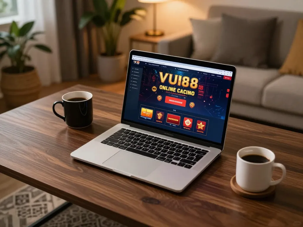 Engaging with VU88 online casino on a stylish laptop in a cozy home setting.