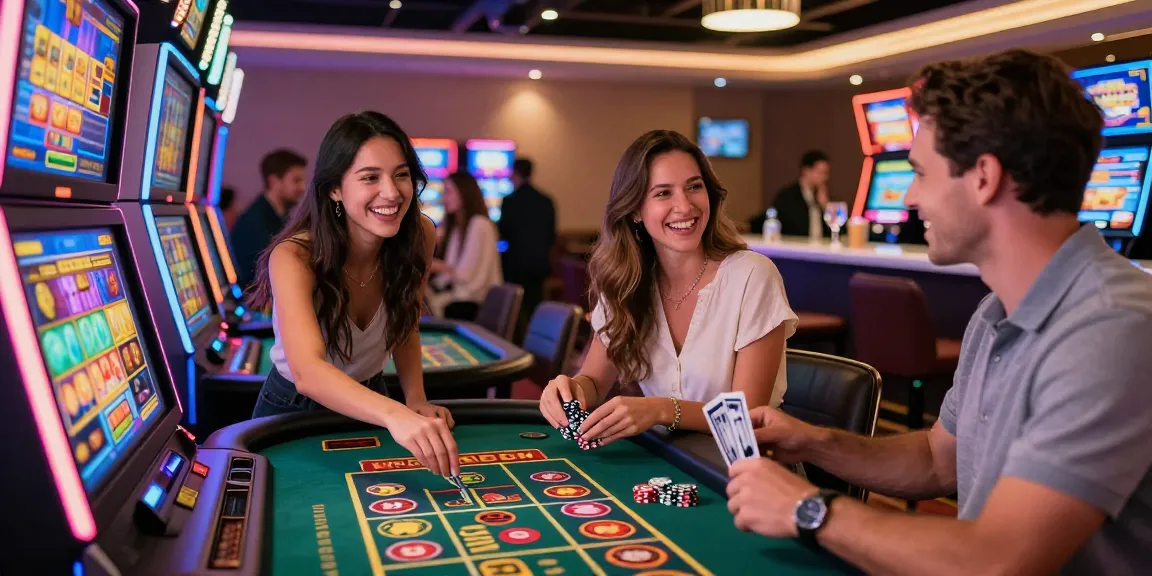 Exciting casino games at Winner Island Casino 2026 featuring lively players, credit card symbols, and vibrant atmosphere.