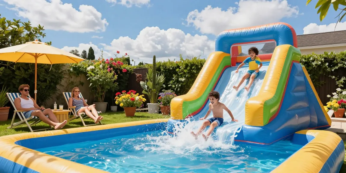 Children enjoying a vibrant water slide in a sunny backyard, perfect for summer fun.