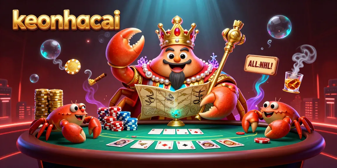 Experience keonhacai with a vibrant 3D casino illustration featuring a golden crab emperor and poker elements.