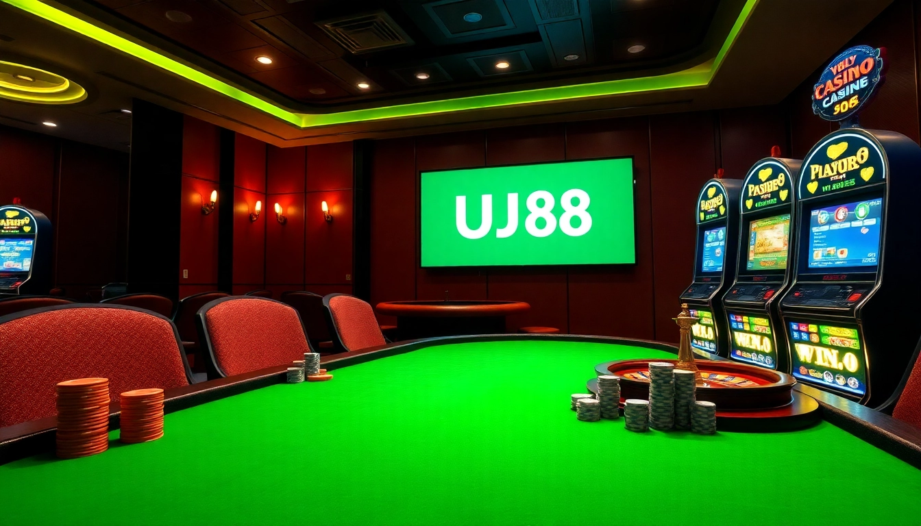 Experience the excitement of UU88 with vibrant casino elements highlighting poker tables and slot machines.