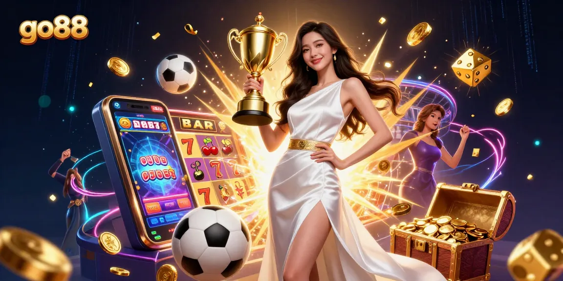 Experience thrilling gaming at go88, featuring a victorious woman with a trophy surrounded by dynamic casino elements.