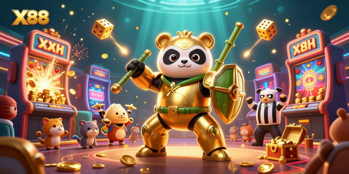 X88 casino scene with a golden panda in a mech suit amidst slot machines and cheering spectators.