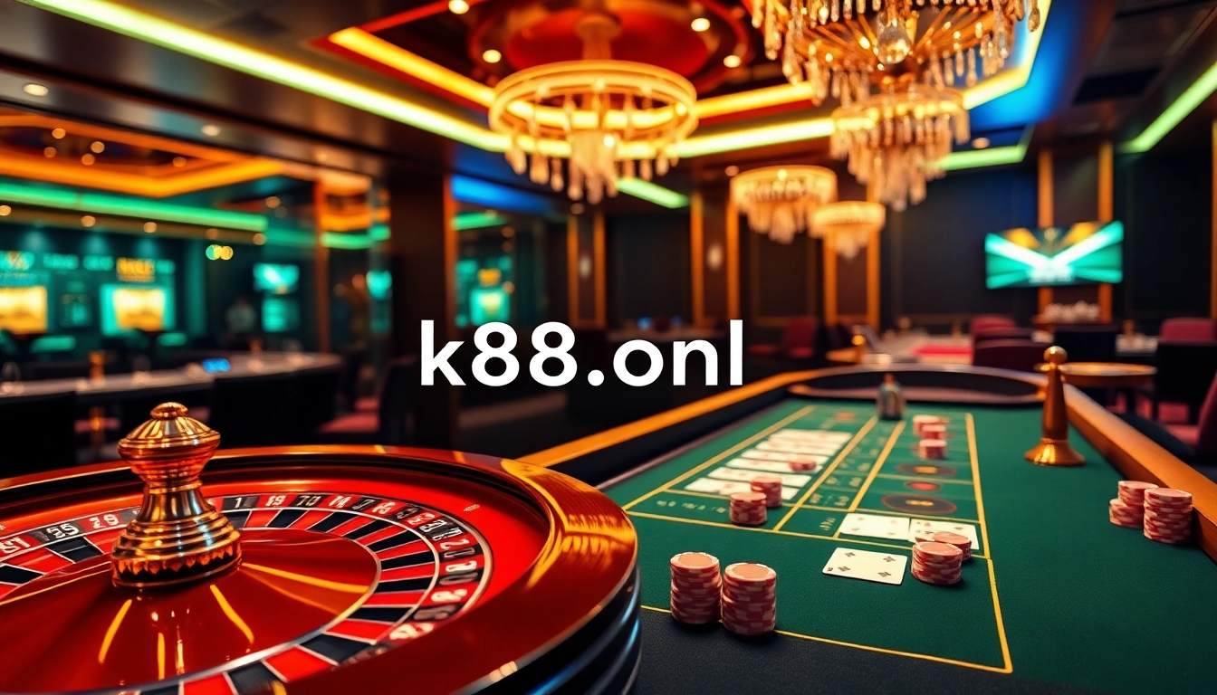 A professional casino gaming scene showcasing nk88.onl with poker chips and elegant tables.