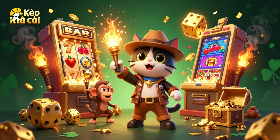 Experience Kèo nhà cái with a vibrant 3D illustration showcasing a slot machine bursting with rewards and iconic symbols.