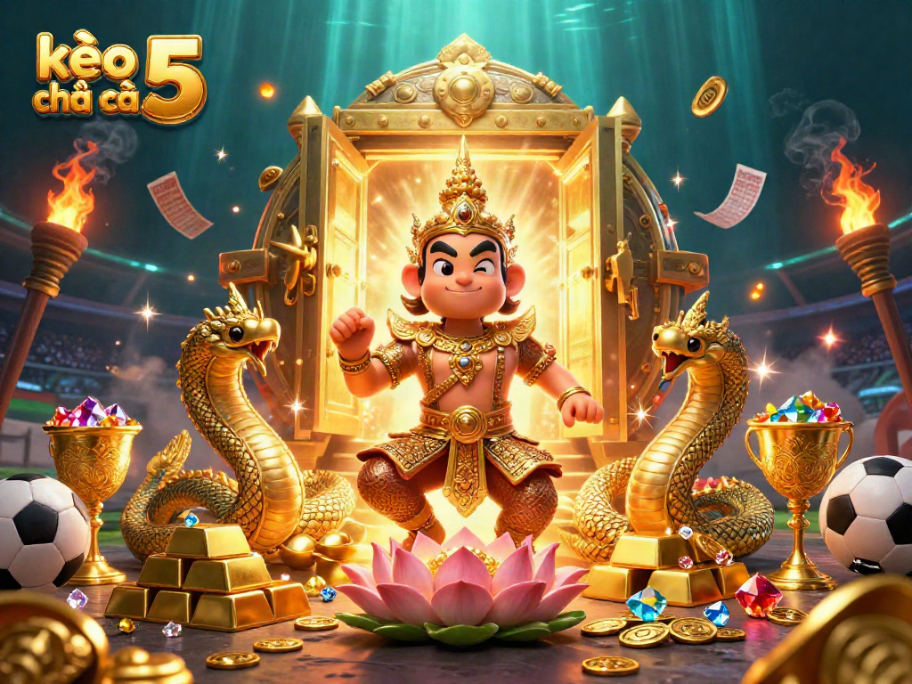 Engaging scene depicting sports betting with kèo nhà cái 5 featuring a golden guardian and dynamic stadium elements.