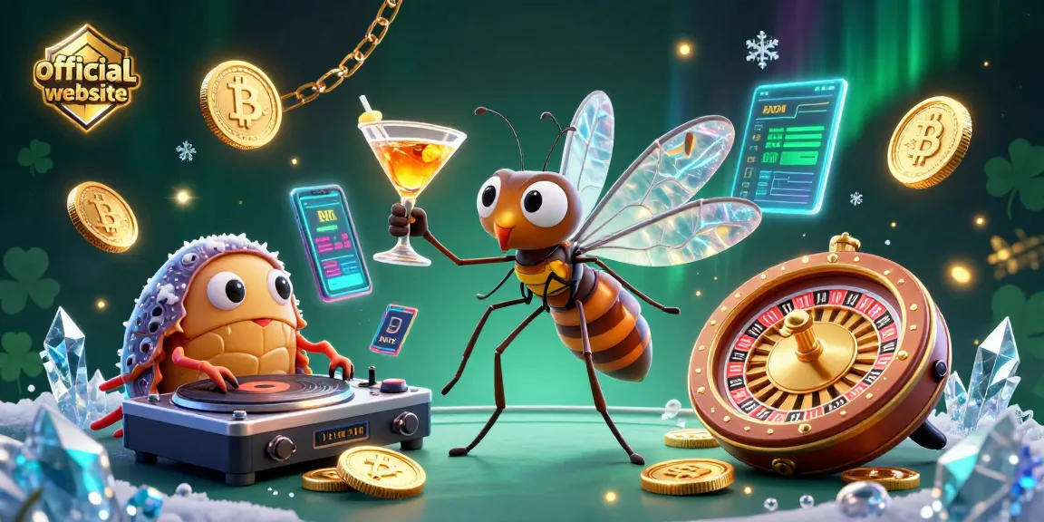 Engage with the official website showcasing a casino scene with festive characters, coins, and roulette elements.