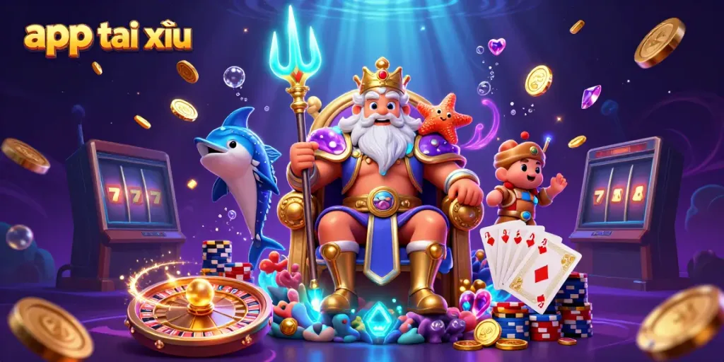Experience app tài xỉu with a vibrant, dynamic digital illustration showcasing game elements and casino ambiance.