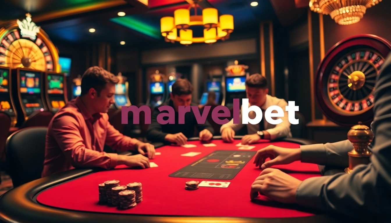 Marvelbet gaming scene with players at a poker table, emphasizing luxury and excitement.