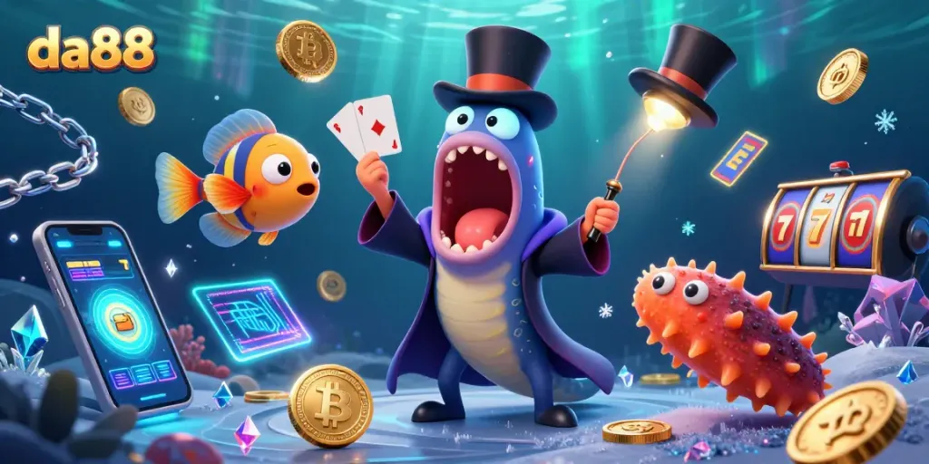 da88 promotes a vibrant gambling scene featuring a magician eel and a spotlight anglerfish in a card trick act