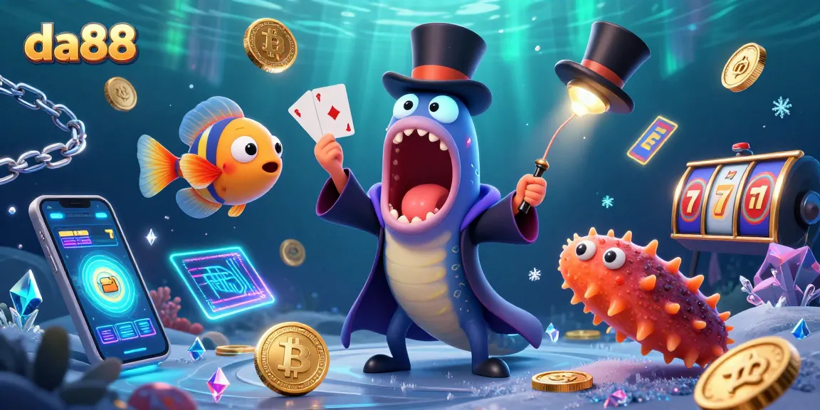da88 promotes a vibrant gambling scene featuring a magician eel and a spotlight anglerfish in a card trick act
