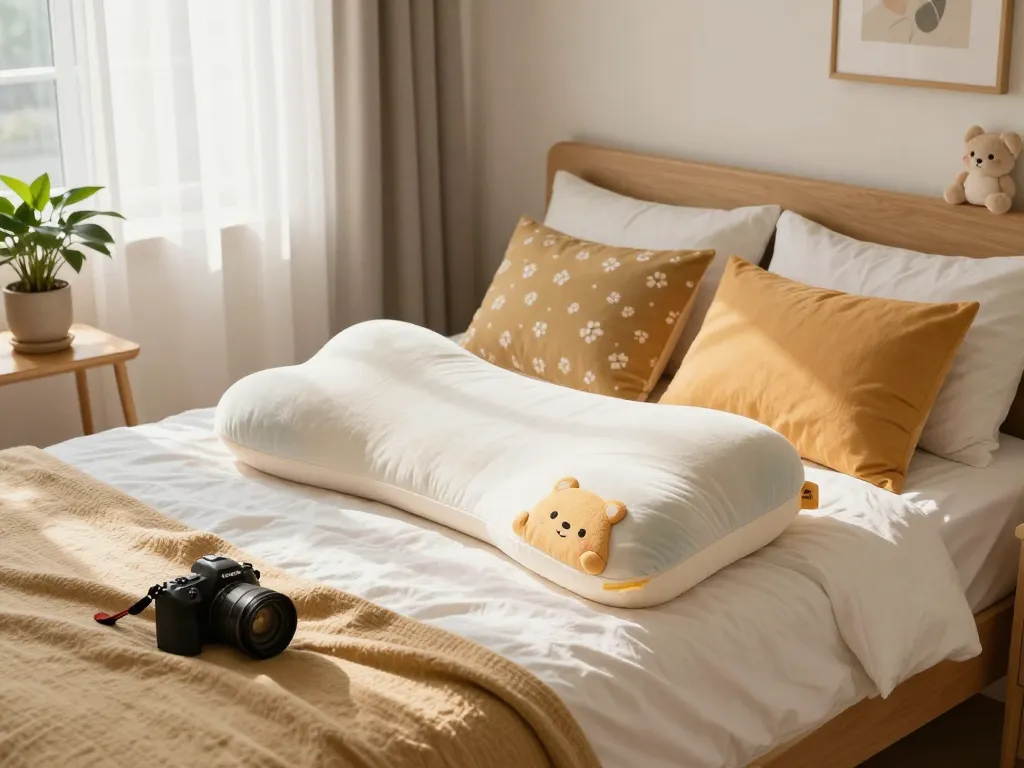 Custom dakimakura body pillow on a bed surrounded by decorative items and natural light.
