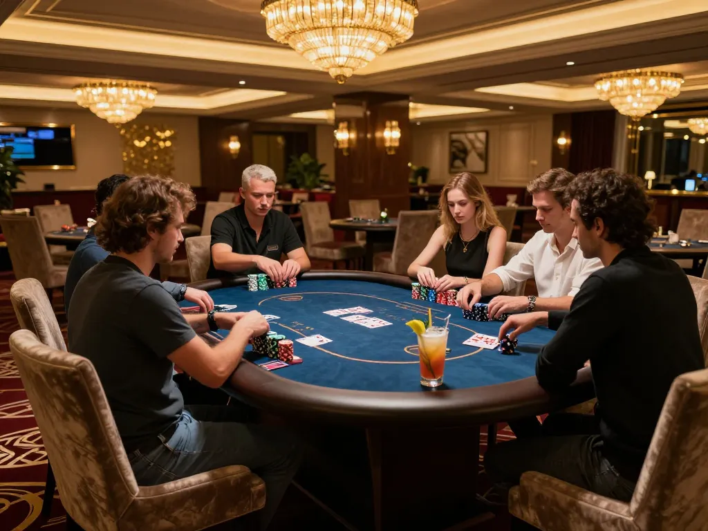 Players at the GO8 casino engage in high-stakes poker, showcasing luxury and excitement