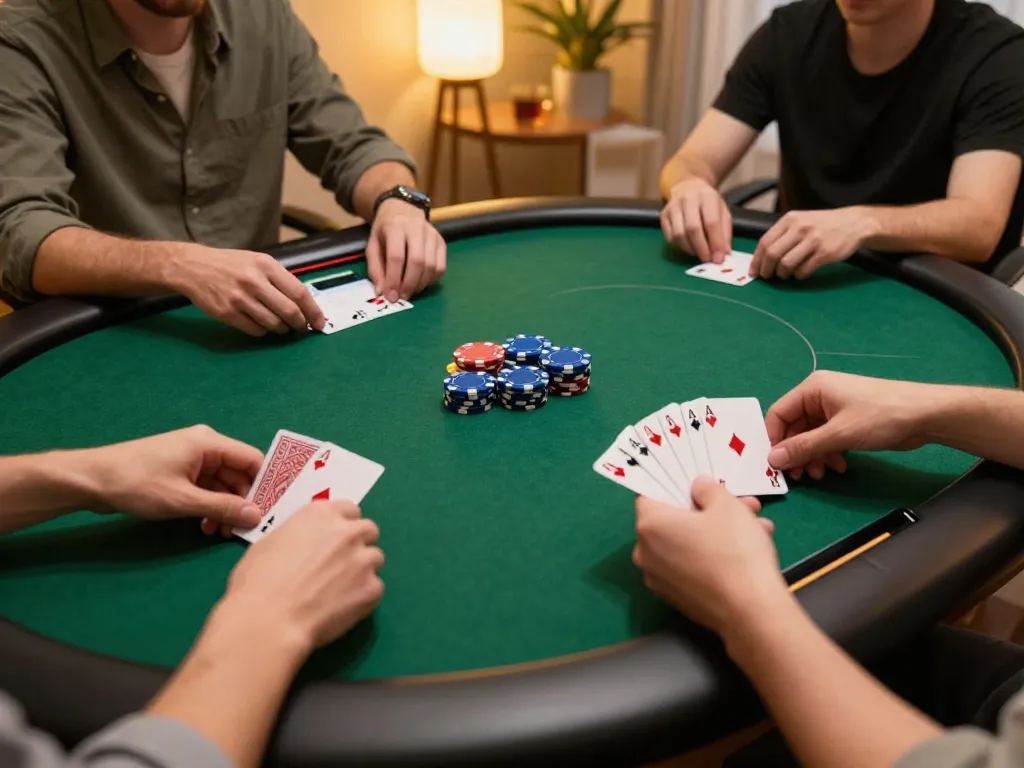 KJC players engaged in an online poker game at home, capturing excitement and strategy.