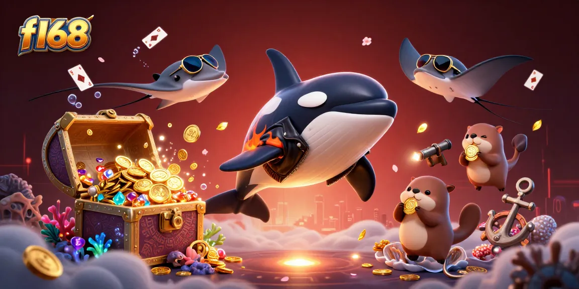 Experience exciting online gaming at f168 with a dynamic scene of festive sea creatures enjoying coins and treasures.