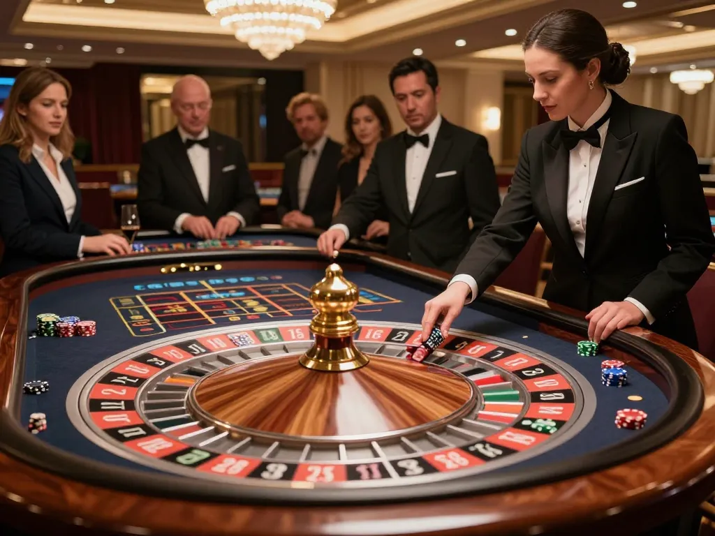 Players engaged at Nhà cái Xo88 roulette table, croupier spinning wheel with anticipation.