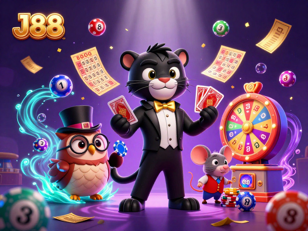 Engage with J88, where a stylish panther deals cards alongside talented friends in a vibrant casino setting.