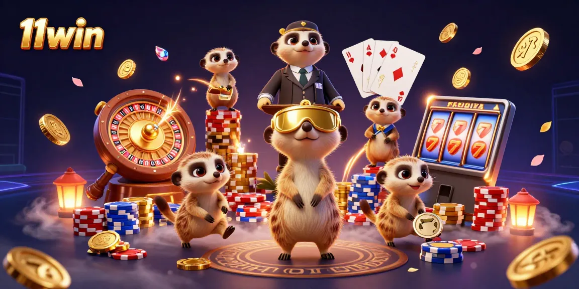 Experience thrilling casino action with 11win's meerkat dealers, chips, and vibrant game elements.