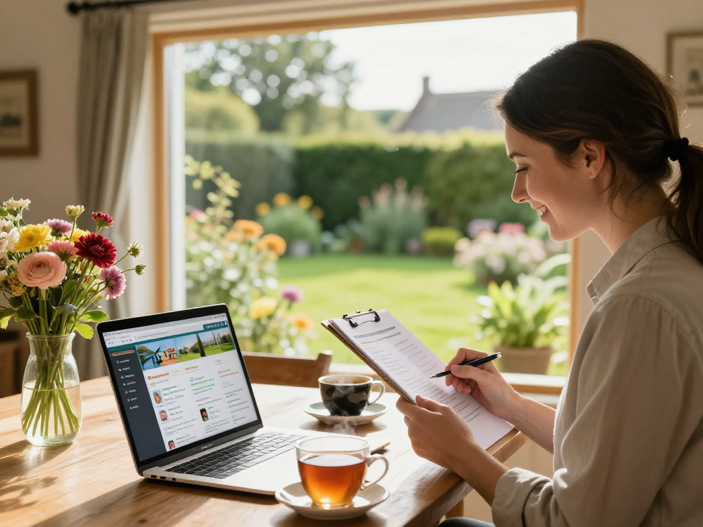 Engaging holiday let management scene illustrating property manager reviewing bookings at a countryside cottage.