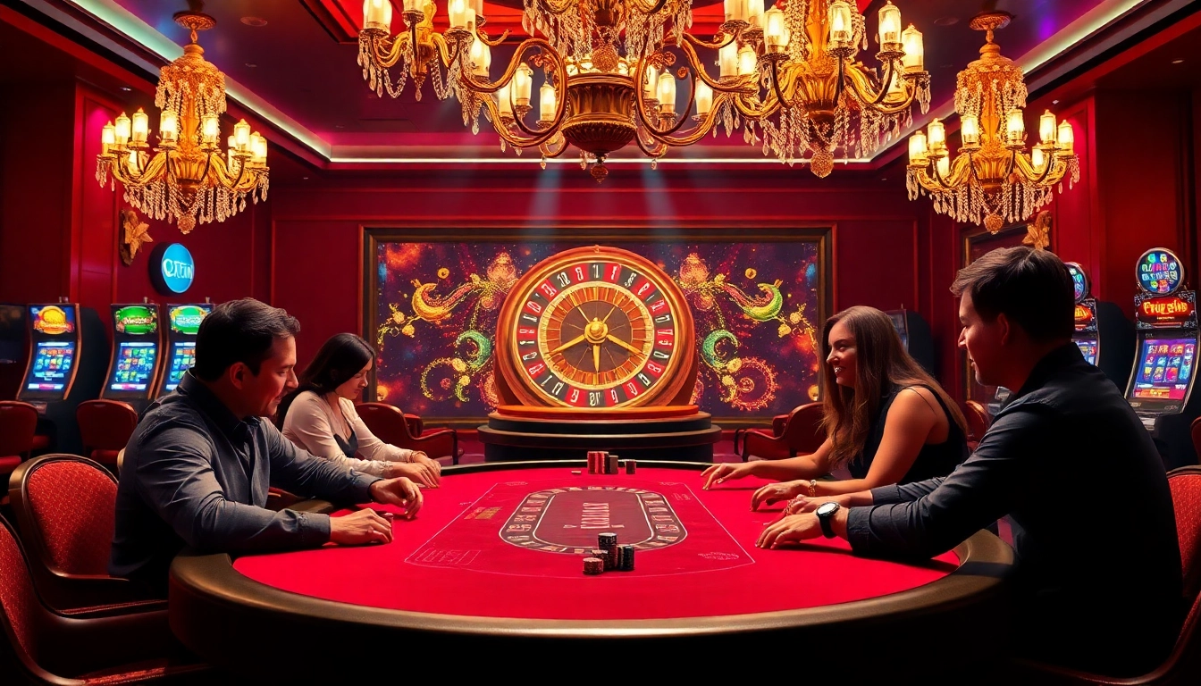 Gamblers enjoying a thrilling poker game at Okfun's luxurious casino.
