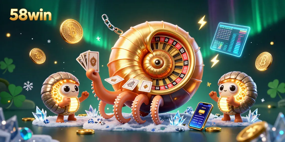 Place bets at 58win featuring cartoon nautilus roulette and glowing crypto elements.