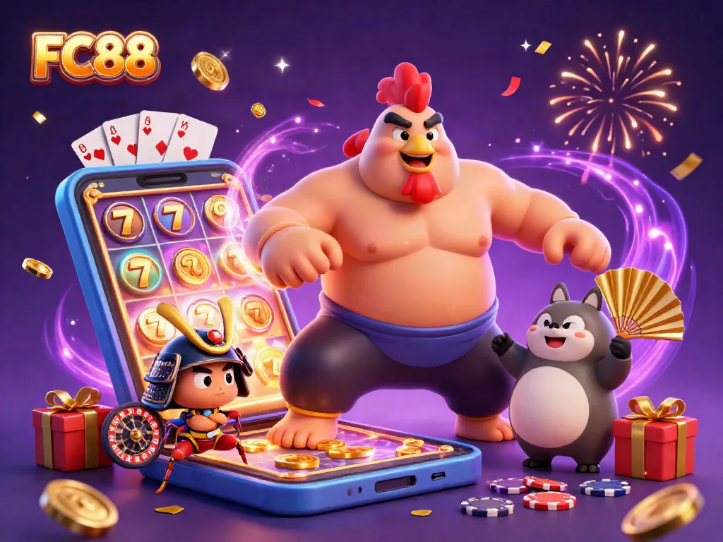 Experience excitement at FC88 with a vibrant sumo wrestler and samurai cricket in a dynamic casino scene.