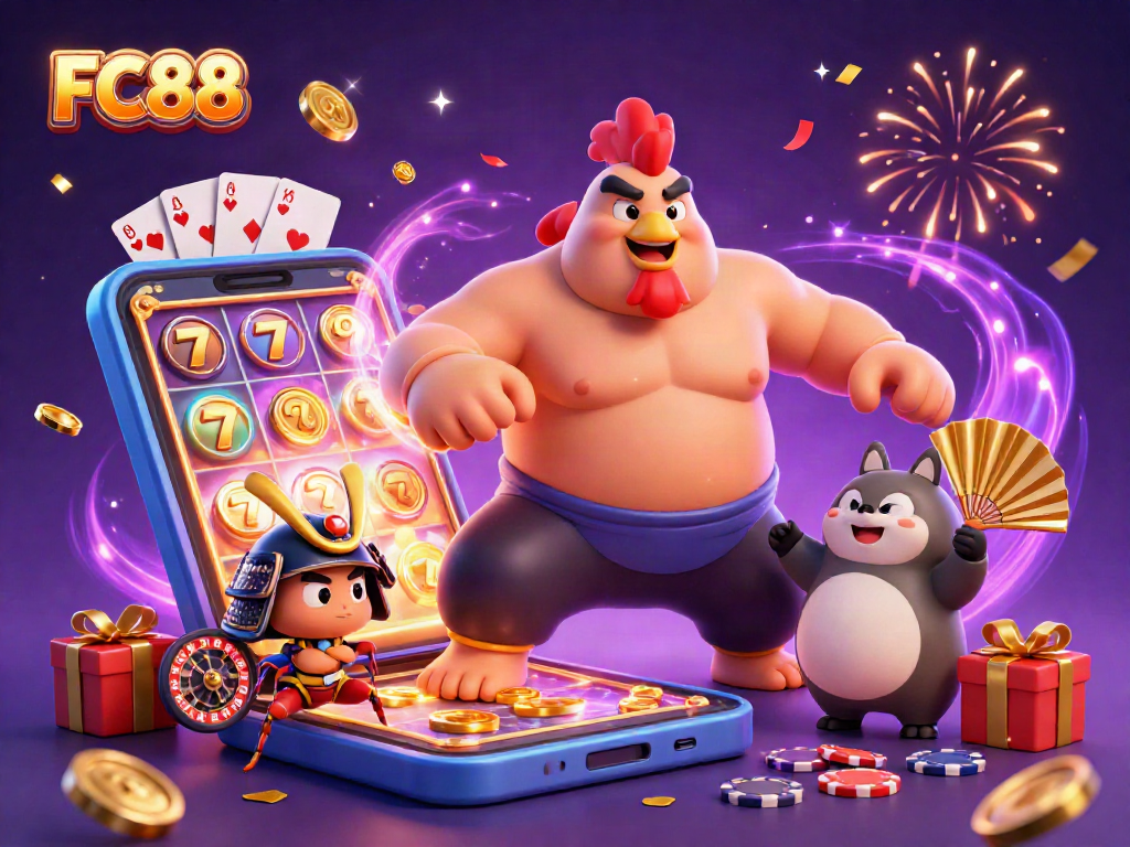 Experience excitement at FC88 with a vibrant sumo wrestler and samurai cricket in a dynamic casino scene.