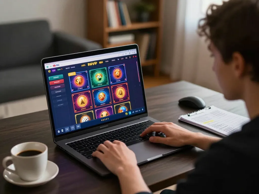 Engaged player exploring Bayvip online casino games on a laptop for strategic gameplay.