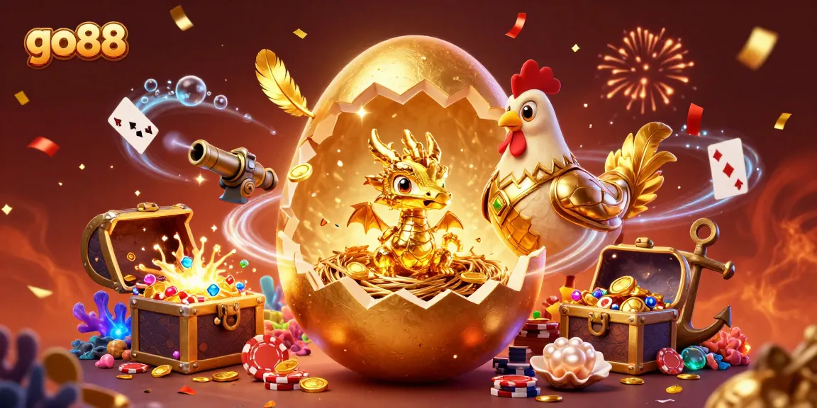 Play and win at go88 with vibrant 3D casino illustration featuring gold dragon and colorful gambling elements