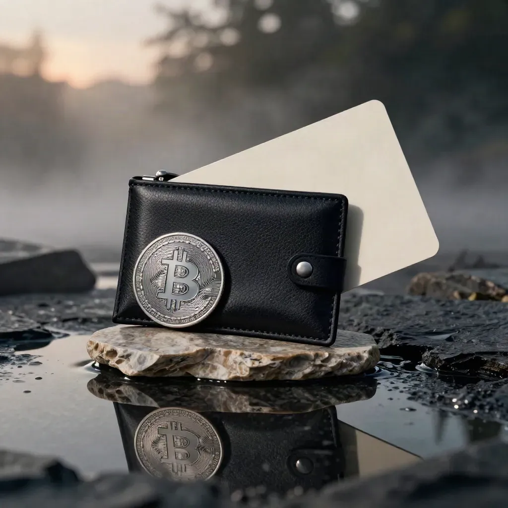 Black crypto wallet bundle with BTC coin sliding through puddled reflections on a rain-dark slate surface.