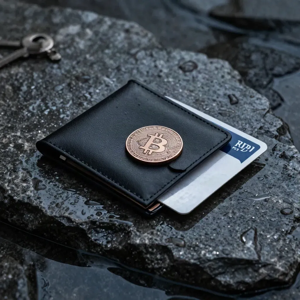 Black hardware wallet, bronze BTC token and GBP card sleeve on wet basalt with rain sheen.