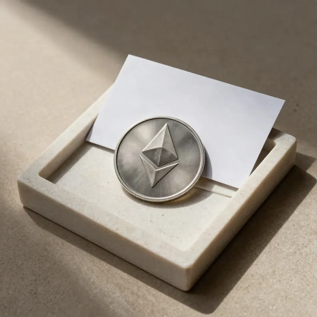 Overhead Ethereum token flatlay with stone tray and cream transfer band on plaster.