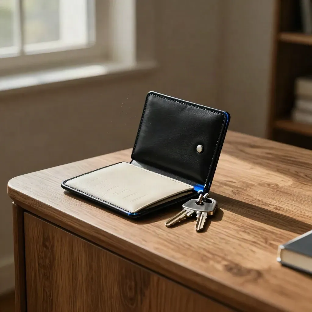 Opened wallet kit with recovery sleeve and two security keys on oak in soft daylight.
