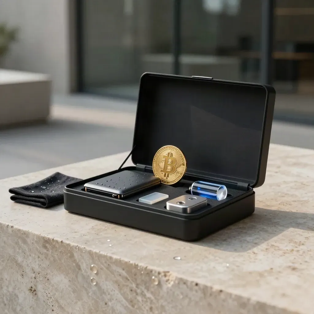 Open crypto starter kit box with coin, wallet, capsule and glass beacon on stone.