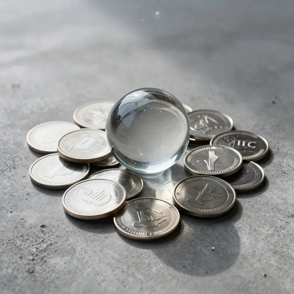 Silver altcoin tokens orbit a glass price orb on concrete, with graphite signal tiles and mist.