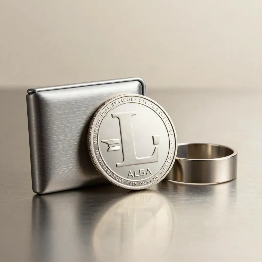 Silver Litecoin token beside a brushed metal wallet sleeve on pale steel, softly lit.