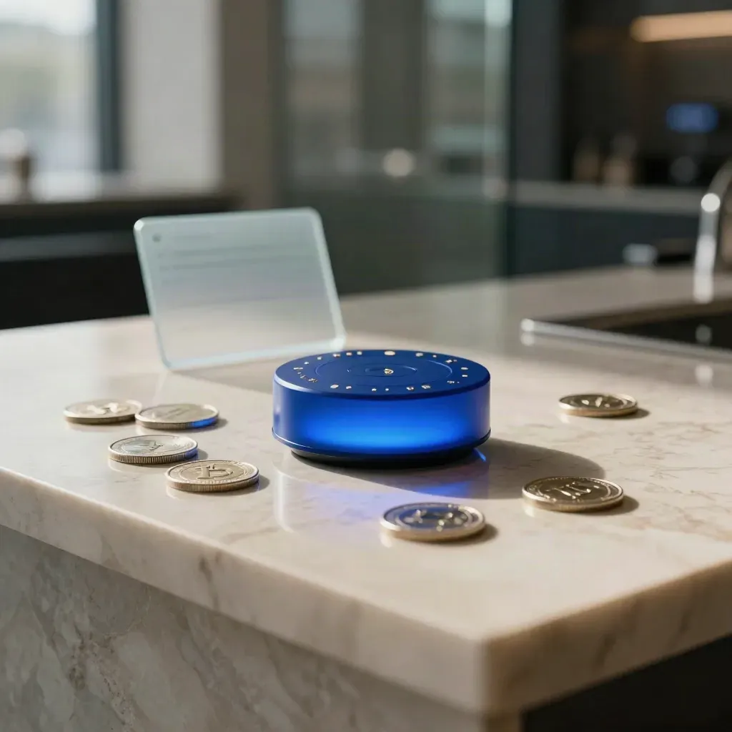 Cobalt alert puck pulsing on cream marble with coin tokens and mirrored rings