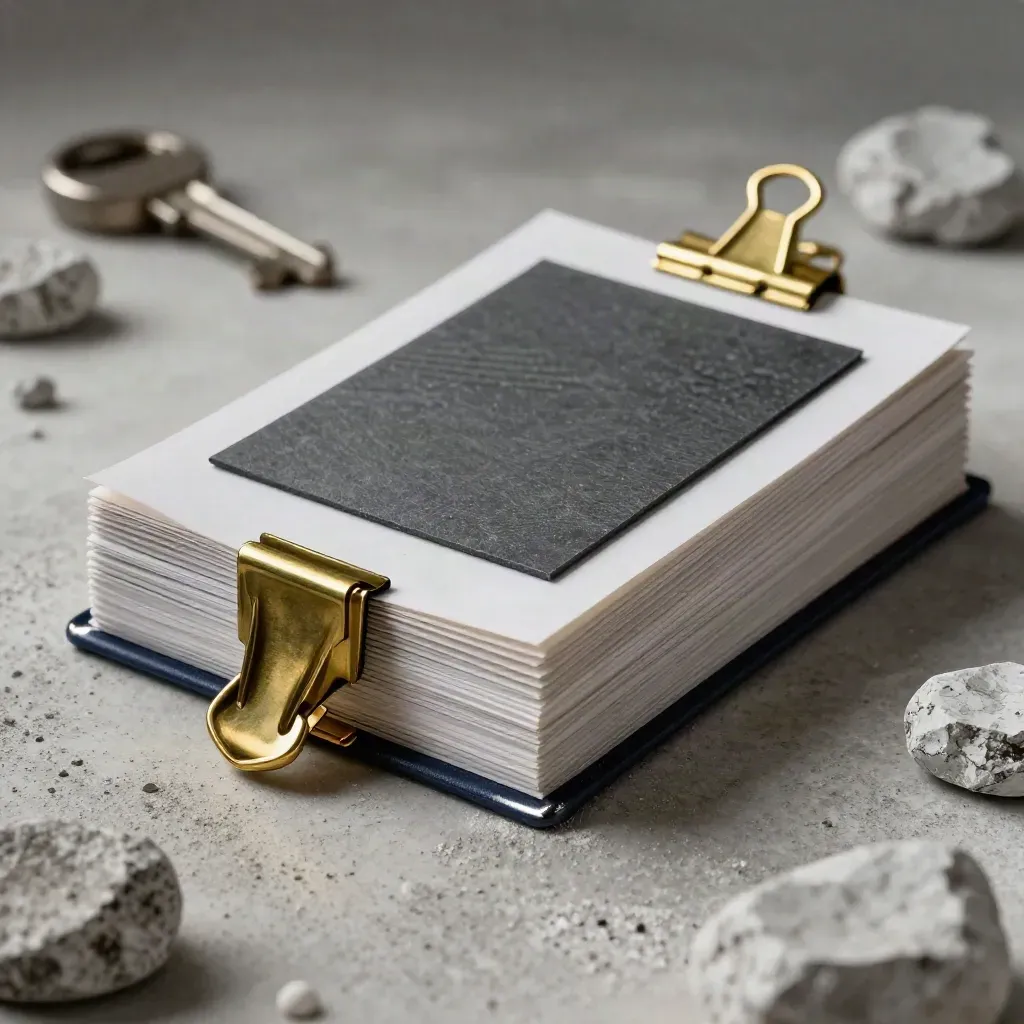 Brass-clipped ledger cards and a graphite tax slate on chalk plaster under dramatic light.