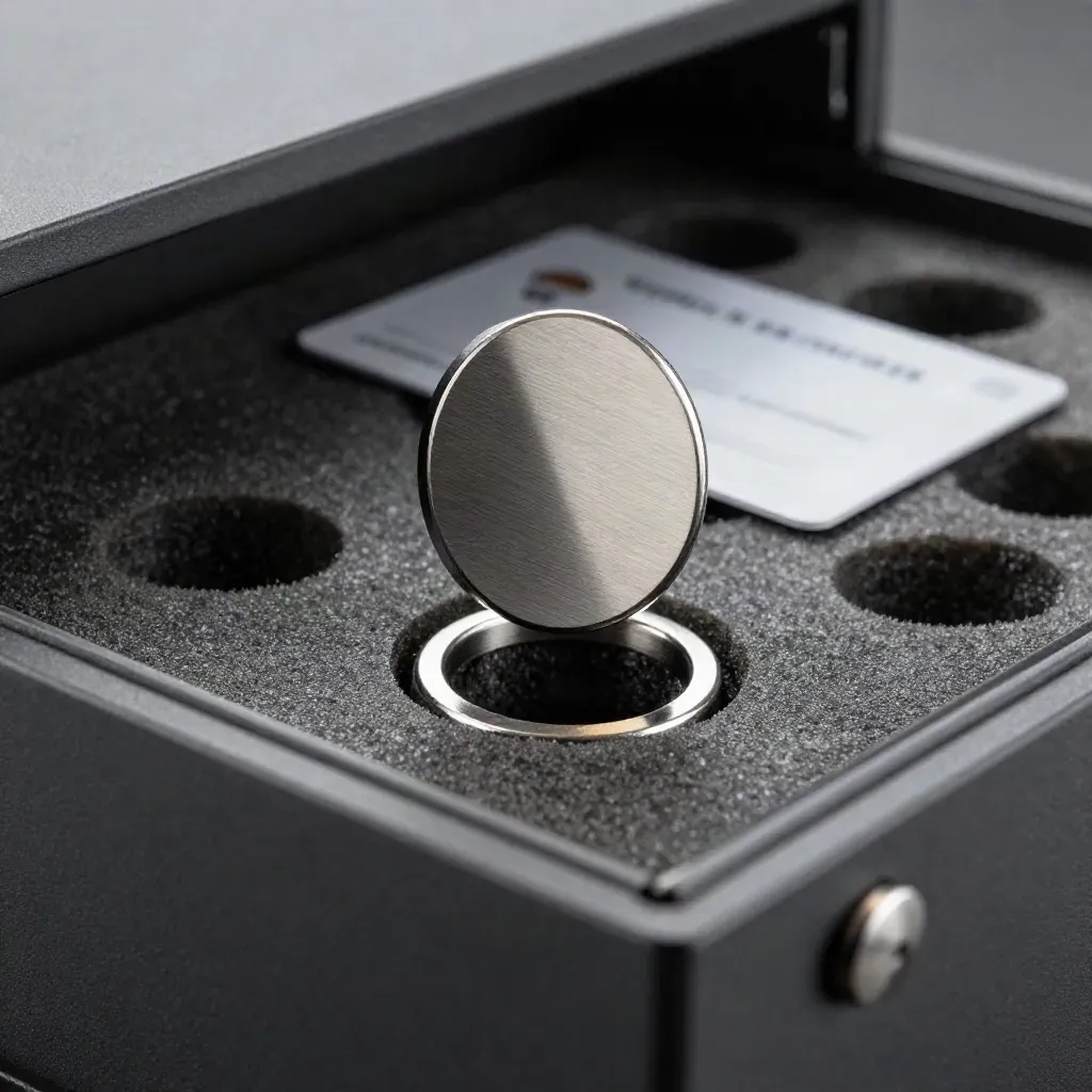 Macro of a crypto custody box, foam insert and lock disc on dark stone