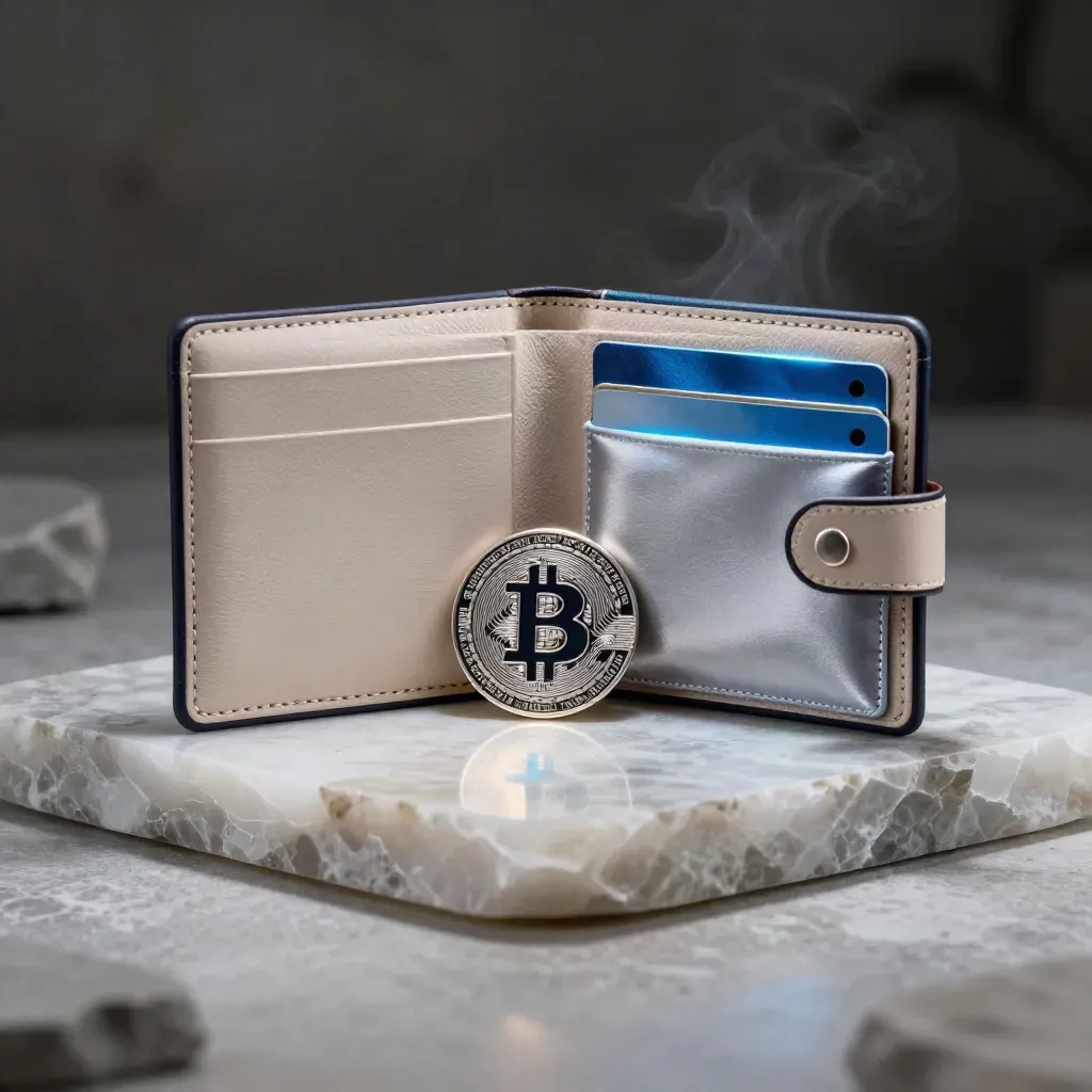 Crypto savings kit: wallet, BTC token, custody block and cobalt-lit card sleeve on white stone.