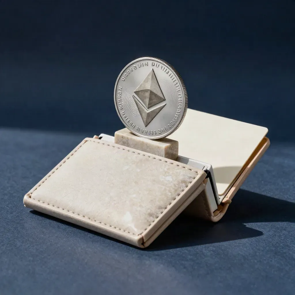 Open Ethereum buy pack with frosted coin, matte wallet, and stone block on pale travertine
