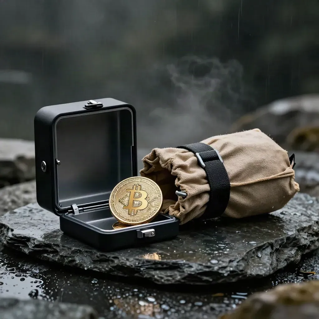Low-angle bitcoin sell pack on wet slate, token sliding into an open vault sleeve under rim light