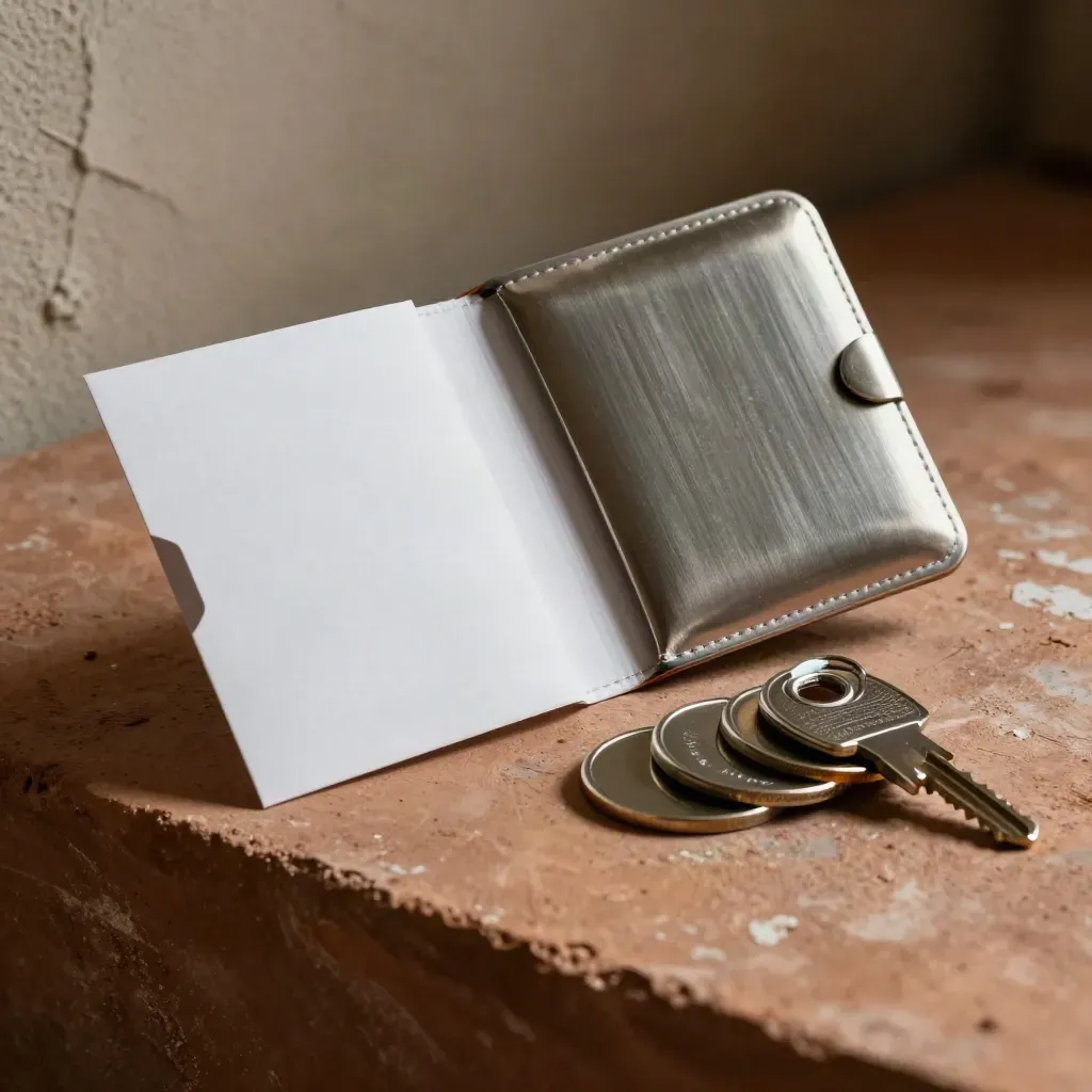 Wallet recovery kit with seed-card sleeve, metal pouch and matte key disks on warm plaster